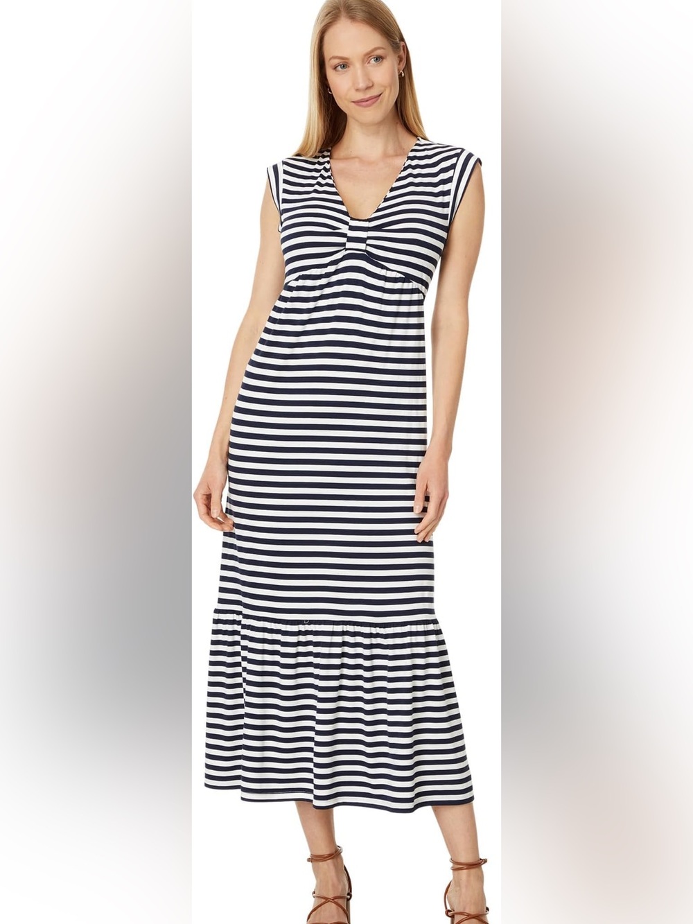 Tommy Hilfiger Navy/White Striped V-Neck Midi Sleeveless Dress, Size M